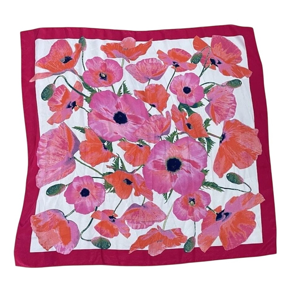 Vintage Silk Scarf Botanical Floral Poppies Poppy Print Pink Border 34 X 36